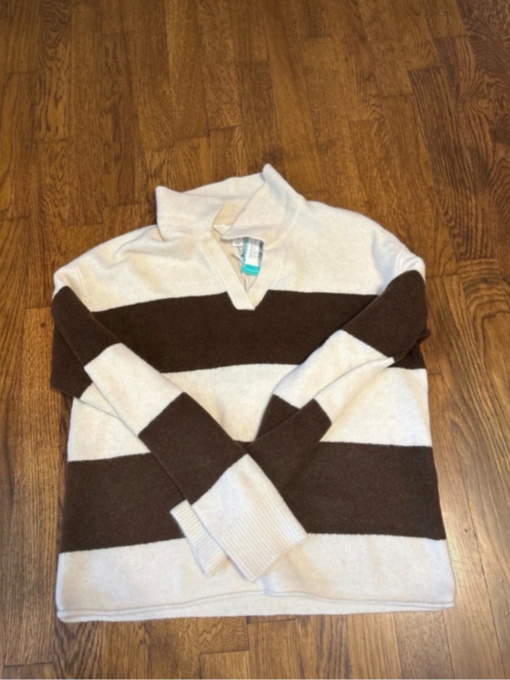 Market & Spruce Cream and Dark Brown Striped V‑Neck Sweater
